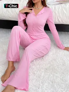 Spring Women's Snug Fit Pajamas Set, Nightwear, Valentine's Day Gift, Fashion Casual Solid Color Striped Sweet Bow V-Neck Long Sleeve Loungewear