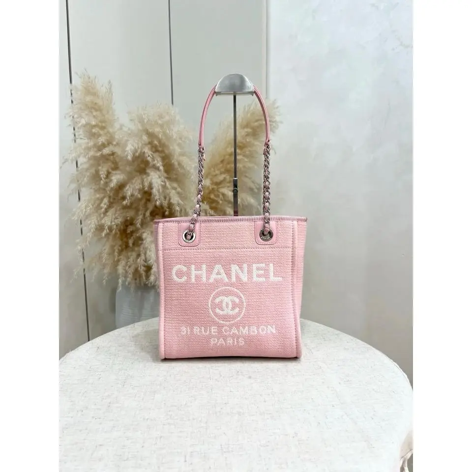 Pre-owned Chanel 22C Small Deauville Tote in Pink Canvas with Silver Tone Hardware XJ067