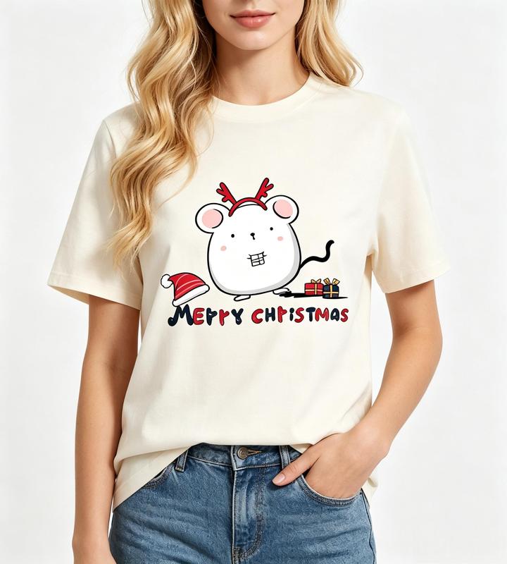 Women's Fitted Soft Comfortable Fabric Crew Neck White Mouse-Reindeer Antlers Graphic T-Shirt - Beige Merry Christmas Cute Holiday Casual Short Sleeve Tops for Women #sohochic