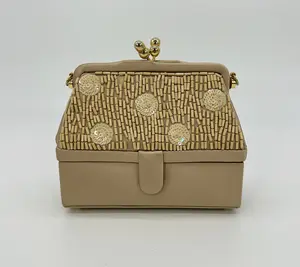 Pre-owned JUDITH LEIBER silk Clutches & Wristlets Vintage Tan Wood Bead Sequin Two Tier Minaudiere Bag