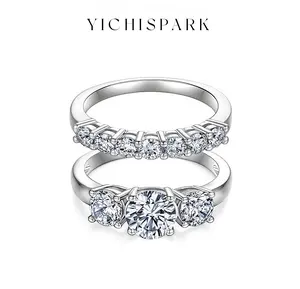 YICHISPARK 2CT D/VVS1 Synthetic Moissanite Ring Classic Glossy Cut Three Stone & Seven Stone 18K Gold Plated Layering Design for Proposal Engagement Anniversary Birthday Gift Women's High-End Fine Everyday Jewelry R081