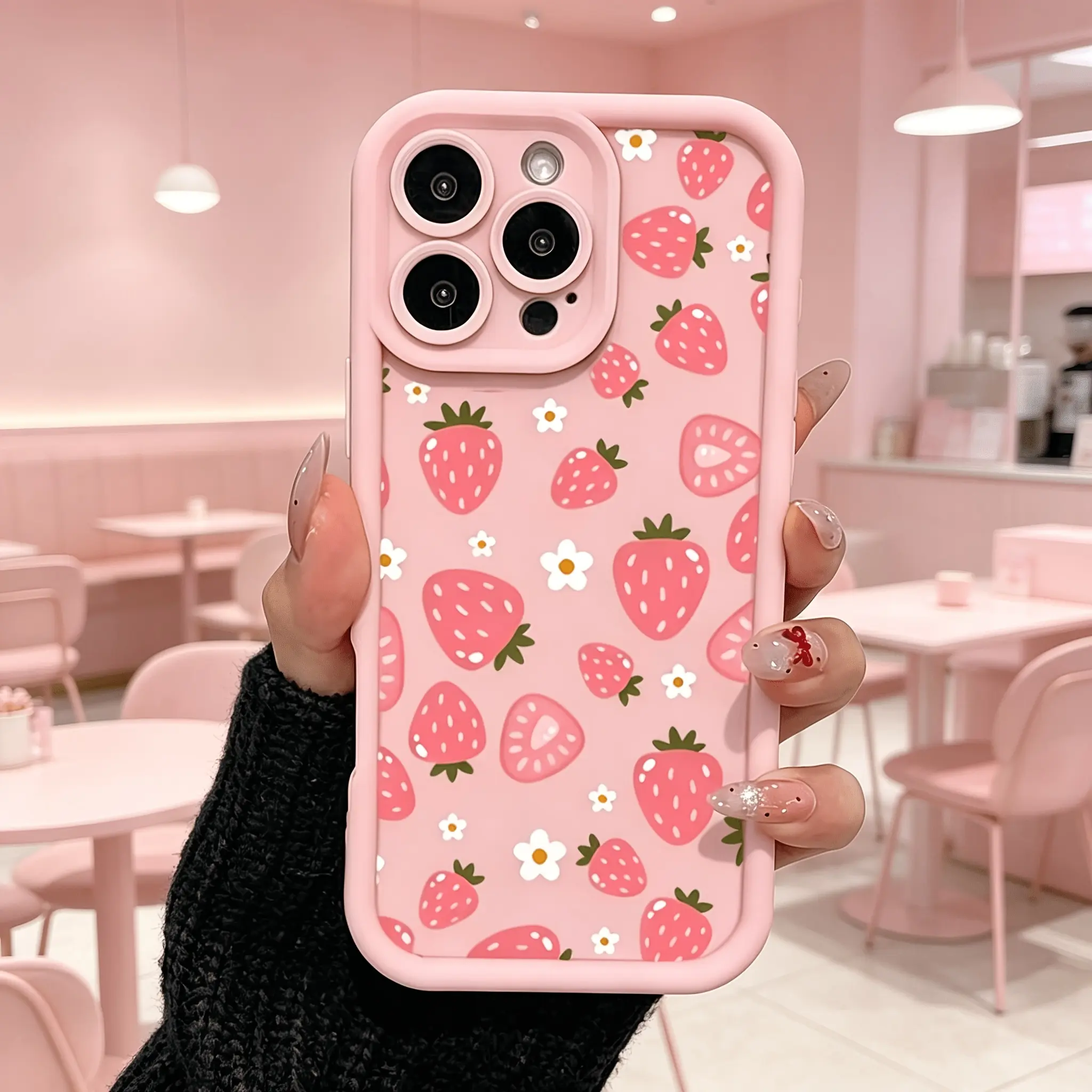 TPU Durable Shockproof Protection Case for iPhone 13-17 Pro Max, Fits iPhone 13+, Aesthetic Pink Strawberry Daisy Flowers Cover, Phone Aesthetic Accessory, Holiday Gift for Girlfriend