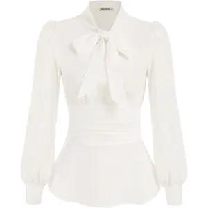 Women's 2025 Long Sleeve Peplum Dressy Shirt Office Bow Tie Work Blouses Tops Smocked WaistGift