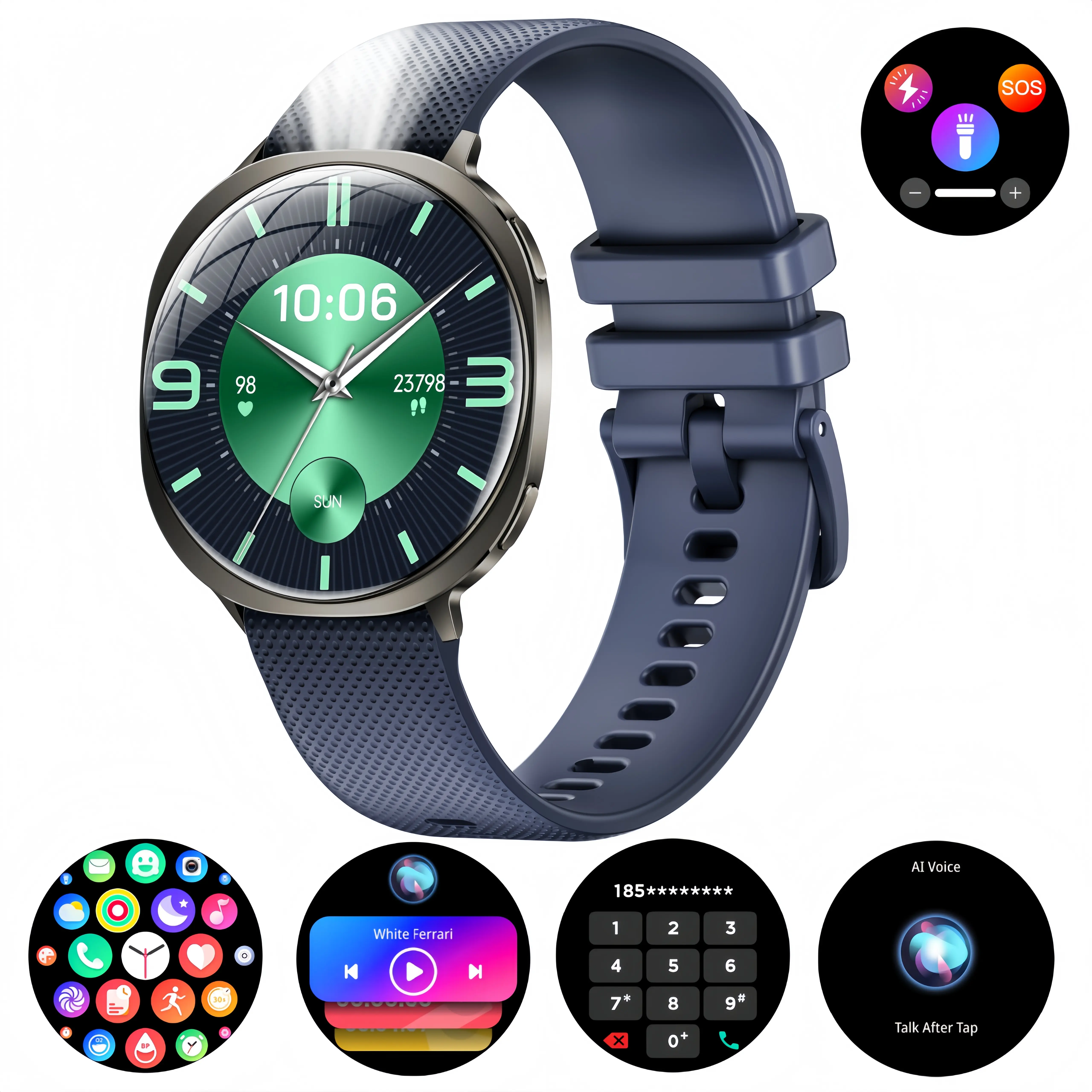 【Fashionable Smartwatch】Lightweight design with dual curved spherical lenses, 1.32-inch AMOLED display, AI voice assistant, M301, anytime calling, flashlight, sleep monitoring, multiple sport modes, gift included