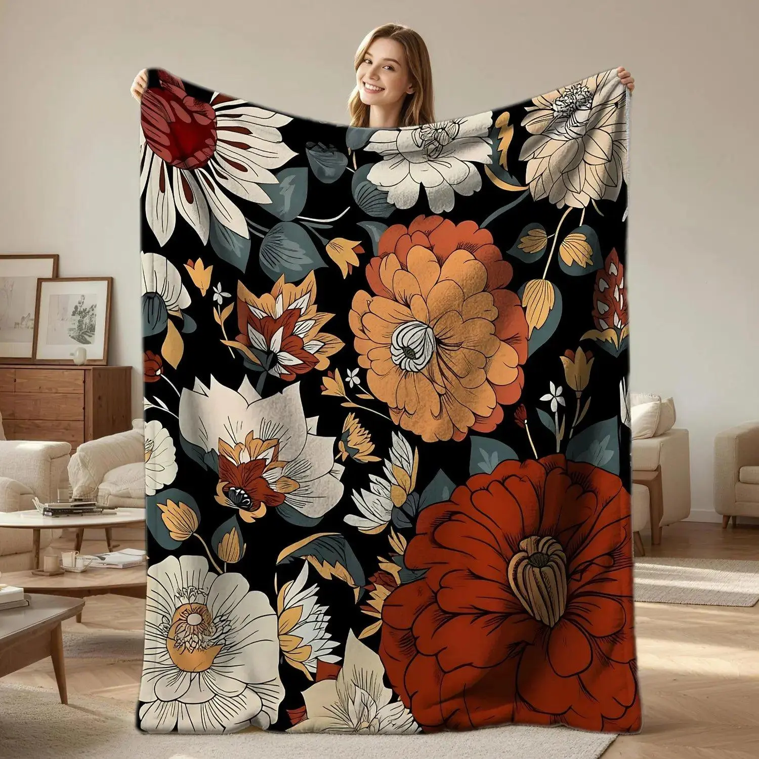 Bohemian Floral Flannel Blanket, Soft Warm Throw Blanket, Vintage Botanical Print Cozy Blanket, Graphic Throw Blanket, Lightweight Fleece Gift Blanket for Couch, Bed, Sofa, Camping, All-Season Boho Style Decor for Adults Teens, Machine Washable