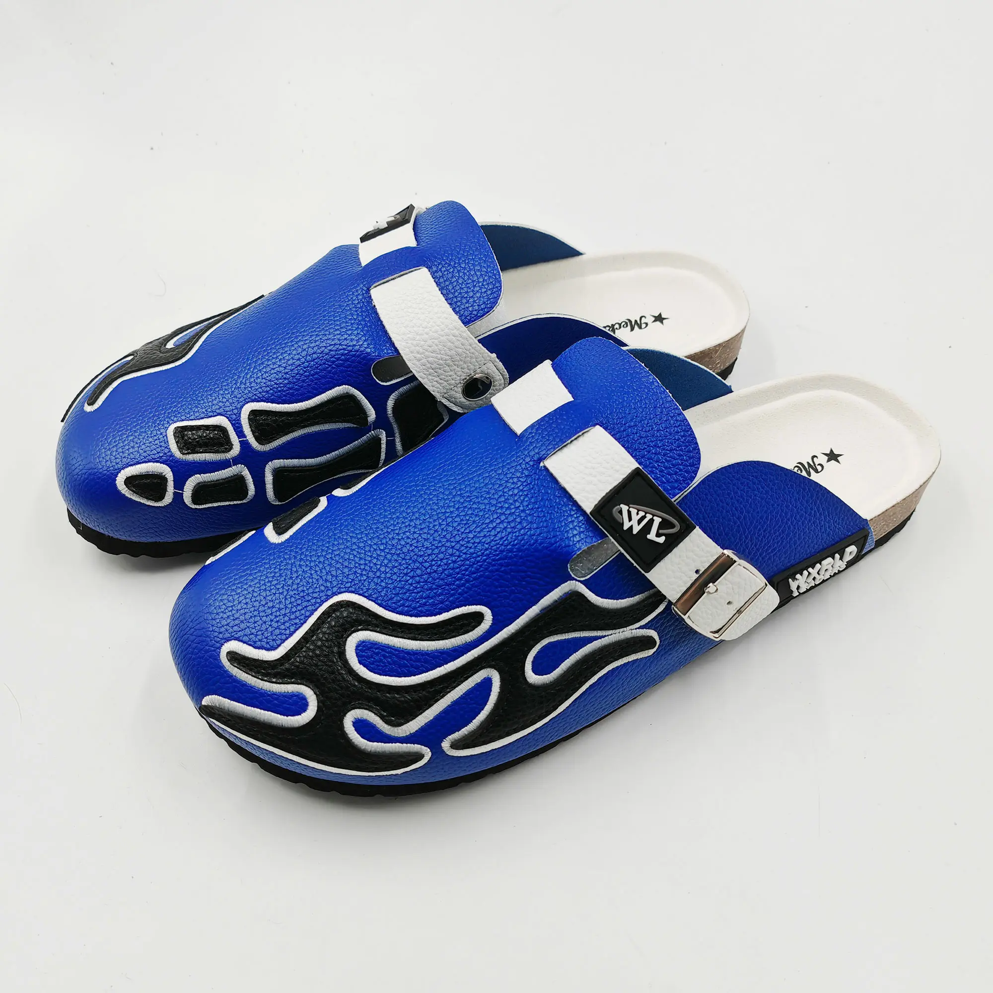 MECKMANLY Men's Flame Embroidery Leather Clogs, Casual Streetwear Platform Slip-On Shoe, Buckle Ankle Strap Footwear