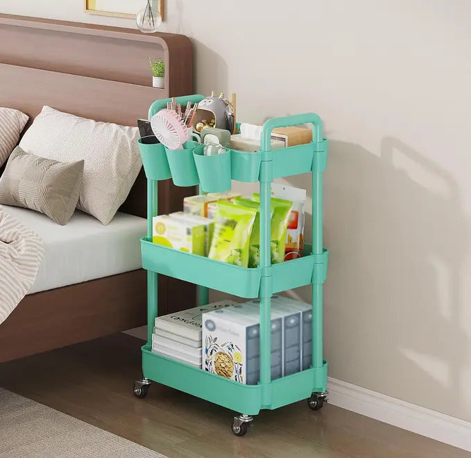 UDEAR 3-Tier Rolling Utility Cart,with 3 Hangable Cups Storage Trolley Rack for Room,Office,Kitchen,Bathroom,Green