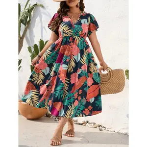 Plus Size Tropical Print Butterfly Sleeve Maxi Dress for Women Stylish Flowy Outfit boho fashion casual dress Fabric Summer A-Line Exotic Colorful Breathable Lightweight