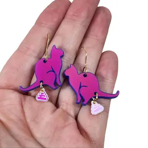 Funny Weird Iridescent Cat Pooping Earrings | Whimsical Fun Laser Cut Acrylic Statement Earrings | Laser Engraved Christmas Gift for Her