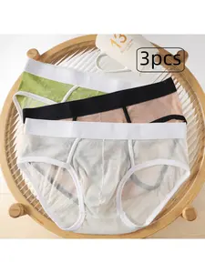 Men's Transparent Mesh Panties, Breathable, Fitted & Sexy Mid-Waist Design, All-Season Comfort, Plain Color Fashion Trendy Underwear Set
