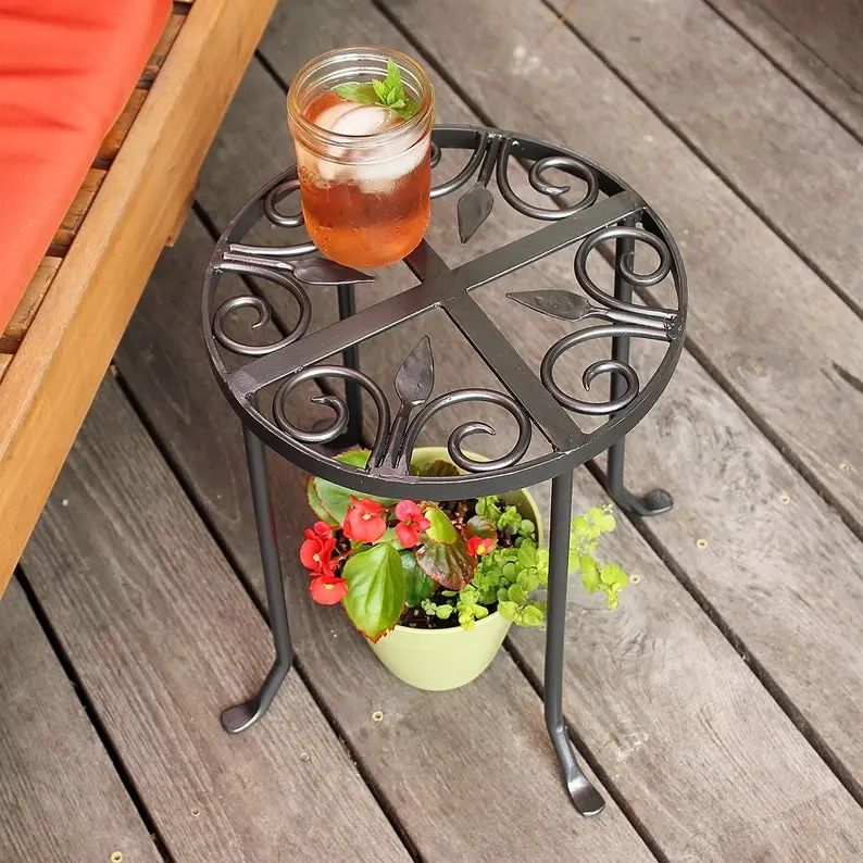 Scrollwork Wrought Iron Plant Stand or Side Table - Hand-Forged Wrought Iron with 11 1/2" Diameter Tabletop & 14" Height, 100 lbs Capacity for Indoor & Outdoor Use