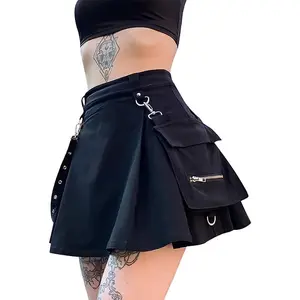 Goth Black Pleated Mini Skirt with Chain High Waisted Tennis Skirt