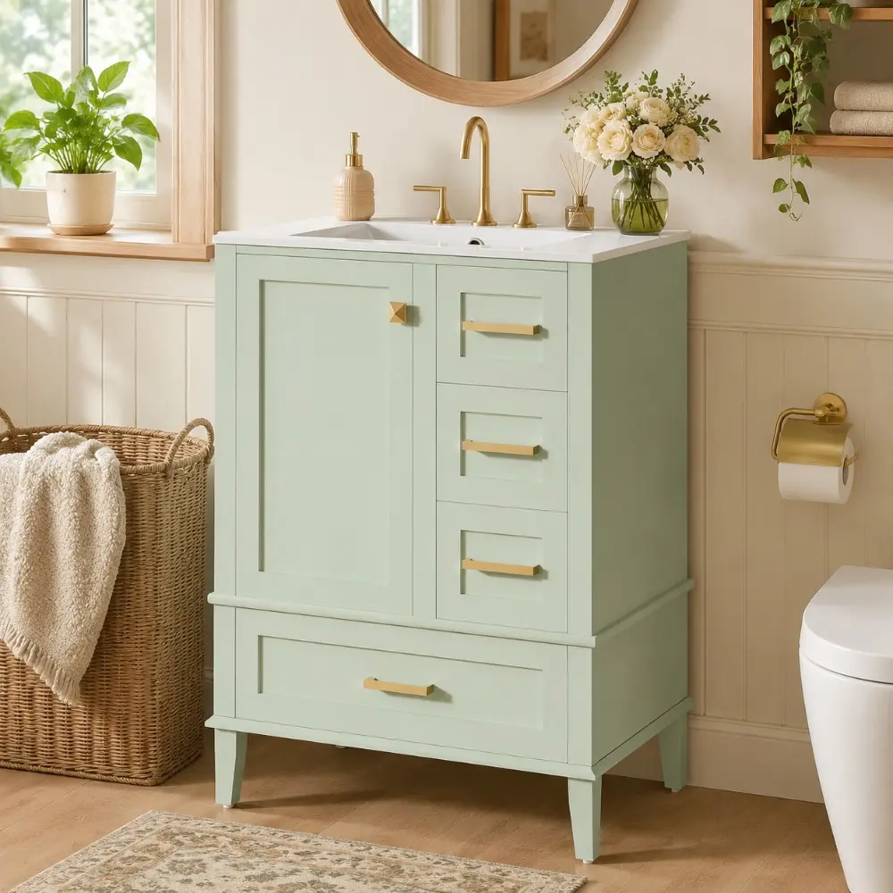Littleox 24.8" Bathroom Vanity with Ceramic Sink, Modern Freestanding Cabinet Featuring Soft-Close Door, Deep Drawer, Shallow Drawer & Wide Drawer for Space-Saving Storage