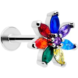 16G 5/16 Red Blue CZ Gem Rainbow Flower Labret Monroe Tragus