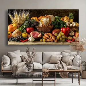 Vibrant Modern Still Life Food Canvas Wall Art - Solid Wood Framed Abstract Painting of Fresh Fruits, Vegetables and Bread for Living Room, Bedroom, Office or Kitchen Decor - High Quality Print on Durable Canvas