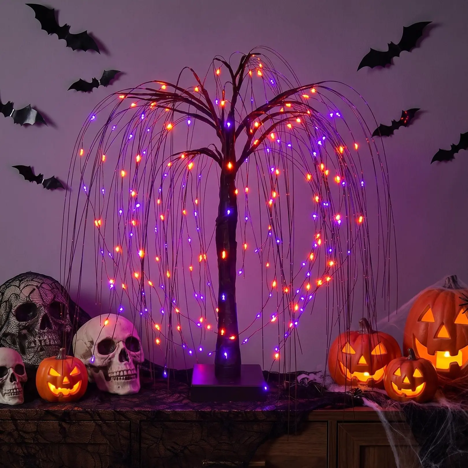 Halloween Willow Tree LED Lights - Orange-Purple Lighting, USB/Battery Powered, Spooky Tabletop Gothic Props, Party Decoration Supplies, Decorations Accessories, LED Light Up Halloween Decor