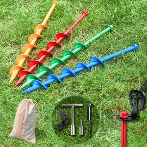 13" Heavy Duty Spiral Tent Stakes 4 Pack - Drill-In 4-Color Outdoor Ground Anchors for Camping Canopy Trampoline, with Multifunctional Hooks, Drill Socket, T-Handle, Brush & Canvas Bag