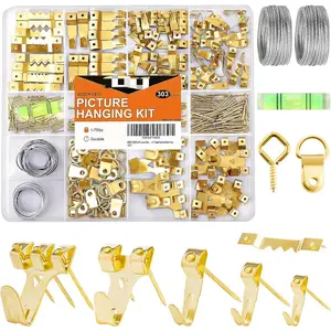303Pcs Picture Hanging Kit, Picture Hangers Assorted Kit with Heavy Duty Picture Hanging Hooks/Hardware Nails/Sawtooth/Wire/D Rings/Level, Metal Picture Wall Hooks for Frame Canvas Mounting