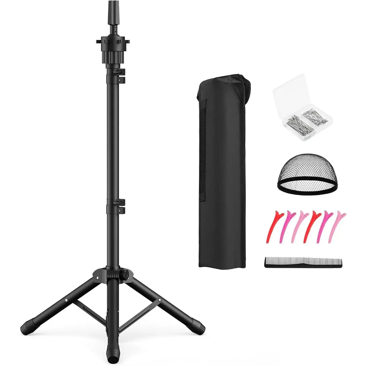 MELLOW MORNINGS Wig  Stand 50 Inches, Height Adjustable Tripod Wig Stand, Salon Mannequin  Stand with Anti-Slip Base for Styling, Wig Display Barber , Beauty School (Black)