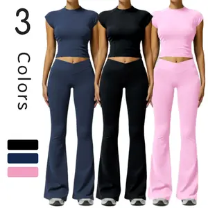Two-Piece Outdoor Sports Suit - Short Sleeve Navel Top and High Waist Solid Color Running Tights for Women's Workout Sets in Navy Blue, Black, and Pink with Medium Elasticity for Yoga and Daily Wear