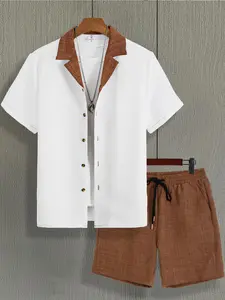 Men's Colorblock Print Short Sleeve Top & Shorts Loungewear Set, Regular Fit Casual Comfy Two-piece Pj Set, Men's Sleepwear for All Seasons, Menswear