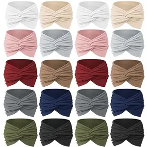 20pcs/Set Solid Colors Sports Headbands with Anti Slip Knotting, Christmas Gifts Wide & Soft Fashionable Bohemian Headbands-Elastic Yoga Hair Mask, Non Slip Headbands for Running Sports, Yoga Turban Hair Bands-Hair Additions for Women Daily Use