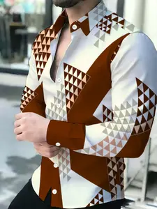 Men's Brown White Geometric Print Long Sleeve Shirt