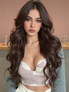 Topshe 13x5x1 T Lace Front Wig, Brown Wigs Chocolate Fiber Long Hair, Breathable Lace, Natural Layered Cut, Heat Resistant, Comfortable, Easy Wear, Body Wavy Wigs