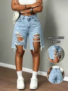 Y2K Millennial Style Loose Fit Women Denim Shorts, Mid-Waist Ripped Design, Perfect for Summer Beach Parties, Boho Bohemian Fashion, Knee-Length, Womenswear