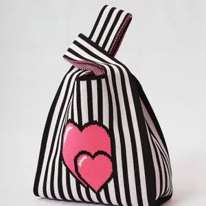 Bag  Cute Knitted Heart Tote Hand Bag with Pixilated Design and Tie Handle for Women pink casual tote bags versatile handbag