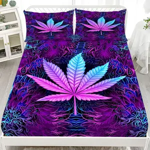 Fitted Sheet 3-Piece Set - 2D Flat Printed Purple and Blue Hemp Leaf Abstract Pattern Mattress Covers, Available in 10 Sizes (1 fitted sheet + 2 pillowcases, no insert). skin-friendly and breathable bedding, suitable for family bedrooms .