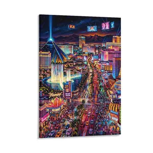 1pc Frameless Canvas Art, Colorful Neon Las Vegas Night Scene (Fountains, Eiffel Tower, Casino Lights), Vibrant Modern Wall Decor for Home, Living Room, Bedroom, Bar, Office