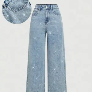 Rhinestone Jeans with Sparkling Detailing - Product Title Restock Sale Women's Elegant High-Waisted Wide-Leg Jeans, Fitted Woven Fabric, Rhinestone Embellished, All-Season Fashion Pants