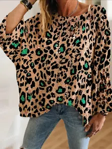 Women's Vintage Leopard Print Knit Top, Womenswear, Long Sleeve, Casual Elegant Vacation Style, Comfortable Breathable Loose Fit, Batwing Shoulder Design