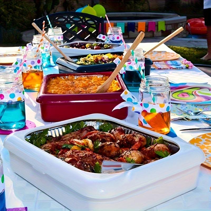 Durable Plastic Rectangular Food Containers for Picnics, Parties, and the Kitchen, Stackable 2-in-1 Insulated Salad and Grill Trays - White, Red, Black, Essential for Picnics | Rectangular Serving Trays | Insulated Food Containers, Picnic Essentials, Par