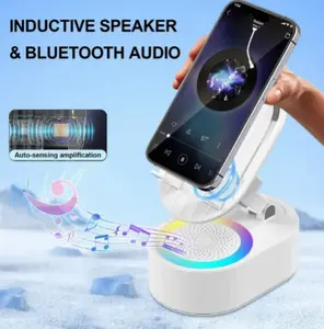 Wireless Induction Audio Bluetooth Speaker 5in1 Cellphone Holder USB Emergency Rechargeable  Portable Power Mobile Tablet Stand with Colorful Ambient Light Gifts for Friend, Family