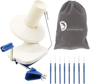 Needlecraft Yarn Ball Winder Hand Operated,Capacity 4-Ounce,Blue,Portable Package,Easy to Set Up and Use,Sturdy with Metal Handle and Tabletop Clamp,Including 8 Sizes Crochet Hooks Set