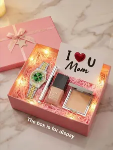 Mother's Day Emerald Quartz Watch Set, Includes Lip Liner, Foundation, Powder, Greeting Card, Gift Box, Casual Style