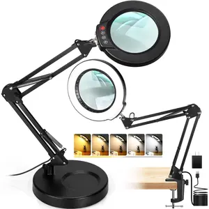 10X Magnifying Glass with Light and Stand, 2-in-1 Desk Lamp & Clamp Light,  5 Color Modes, Brightness Stepless Dimmable LED Lighted Magnifier Hands Free, Magnifier Lamp for Close Work, Reading