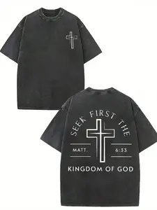GLEC First Seek The Kingdom Of God, God Is Worthy Of Your Faith, Believe In Christianity, Classic Retro Fashion High Street Cross Popular Letter Pattern Printing Boutique 230g Washed Cotton T-Shirt, Men's Summer High-Quality Printed Cotton washed pure cot