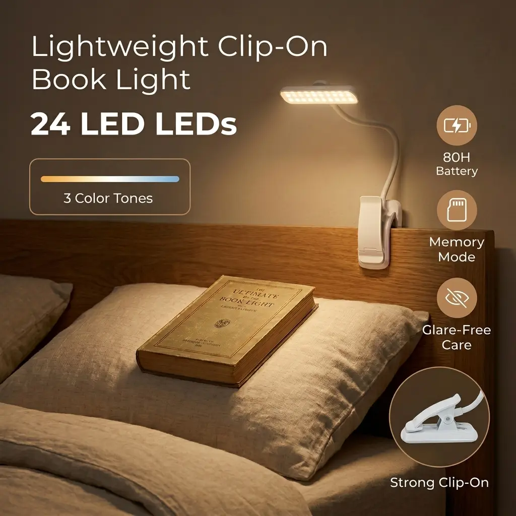 24 LED Rechargeable Book Light, Clip-On Reading Light with Memory Function, 3 Color Temperatures, Stepless Dimming, Up to 80H Runtime, Eye-Caring