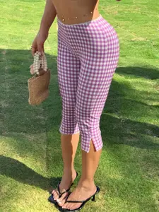 Fashion Plaid Waist and Hem Lace Trim Seven-Quarter Tight Pants, Stylish Women's Casual Wear, Comfortable and Trendy Design