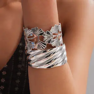 Double Ginkgo Biloba Wave Textured Open Ladies Bracelet