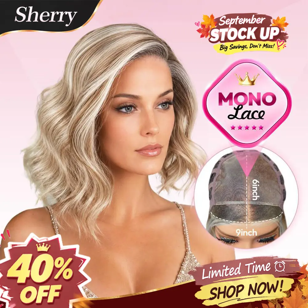 [Sherry] VSIGN Mono Top Short Wave Ash Honey Blonde Highlight Scandinavian Hairline 9×6 Full Monofilament Lace Hand Tied Top Wig Bendy Ear Tabs Velcro Adjustment Air Cap Glueless Lace Front Wig Synthetic Heat Resistant Fiber Summer Vibes