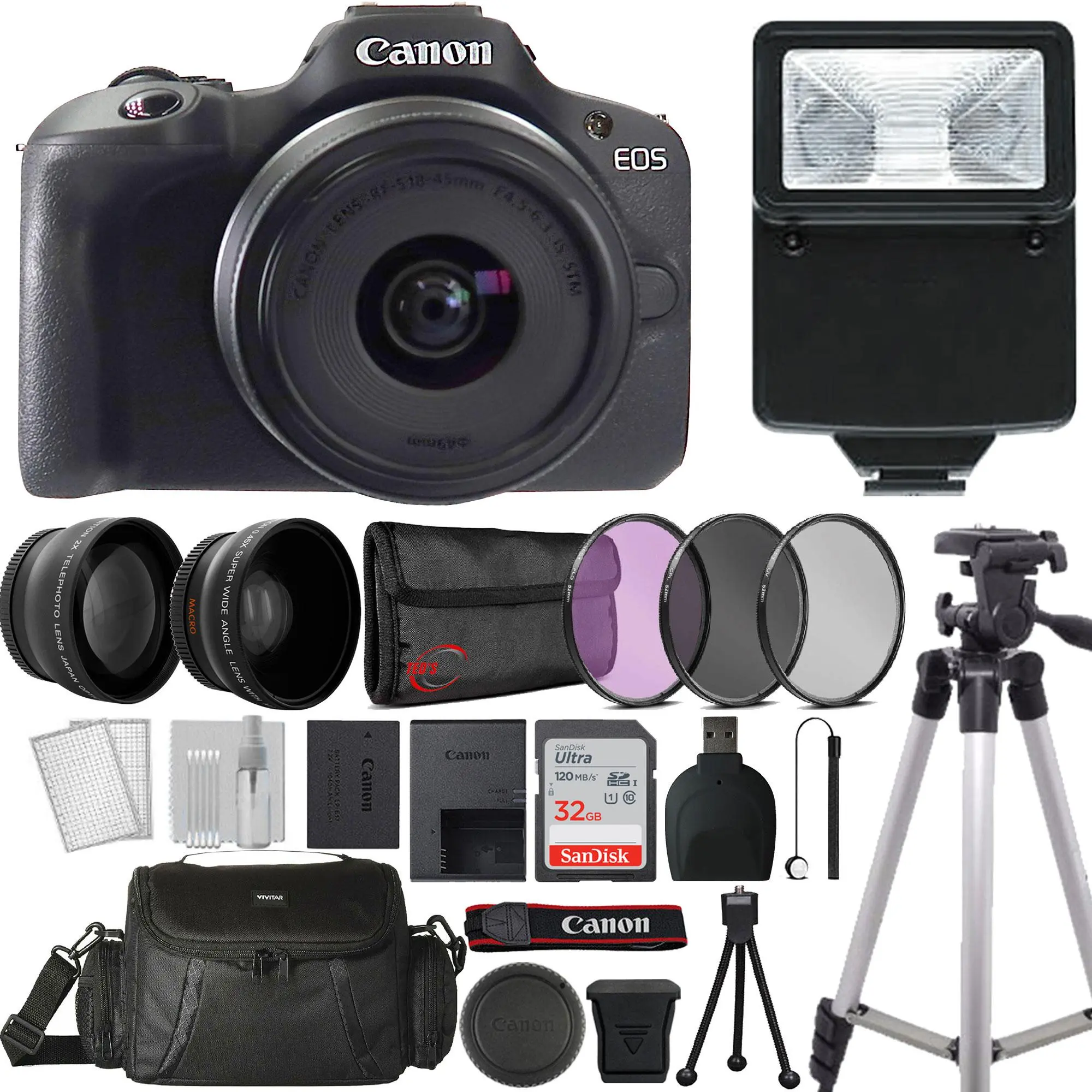 Canon EOS R100 Compact Digital Mirrorless Camera + RF-S 18-45mm IS STM Lens, Case, 32GB SD Memory Card, Flash, Tripod, Reader, Cleaning Kit, 49mm Filter Set, 2x Telephoto/Wide Angle Lenses, Lens Cap Holder, Portable Pocket Tripod