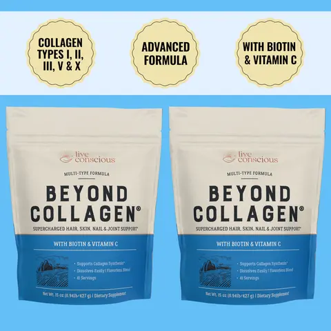 Live Conscious Beyond Collagen Multi Collagen Powder 2 Pack - Types I, II, III, V & X Hydrolyzed Collagen Peptides Powder Blend w/ Biotin & Vitamin C