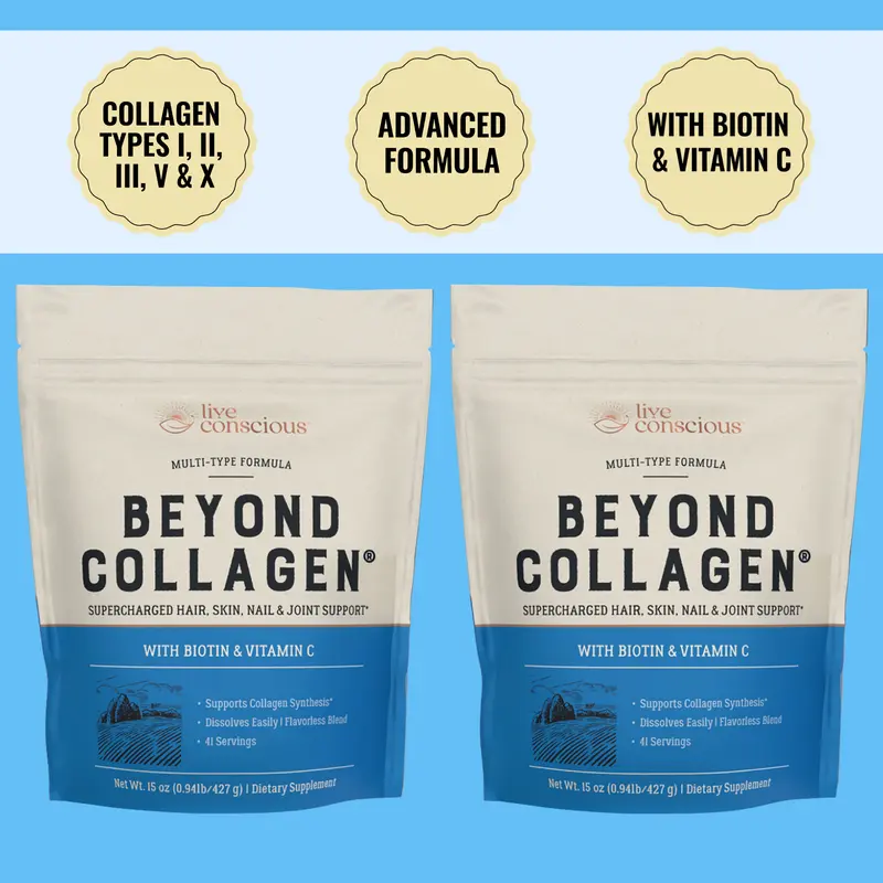 Live Conscious Beyond Collagen Multi Collagen Powder 2 Pack - Types I, II, III, V & X Hydrolyzed Collagen Peptides Powder Blend w/ Biotin & Vitamin C