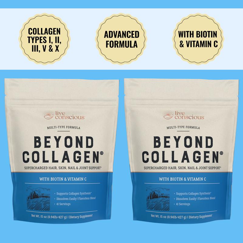 Live Conscious Beyond Collagen Multi Collagen Powder 2 Pack - Types I, II, III, V & X Hydrolyzed Collagen Peptides Powder Blend w/ Biotin & Vitamin C
