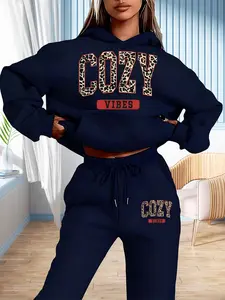Autumn Winter Leopard Print Hoodie & Sweatpants Set, Fashion Simple Girly, Casual Home Wear, Sweet Cool Lazy Style