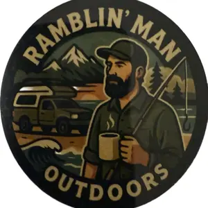 Ramblin' Man Outdoors Sticker - Featuring a Man with a Mug and Camping Scene Design